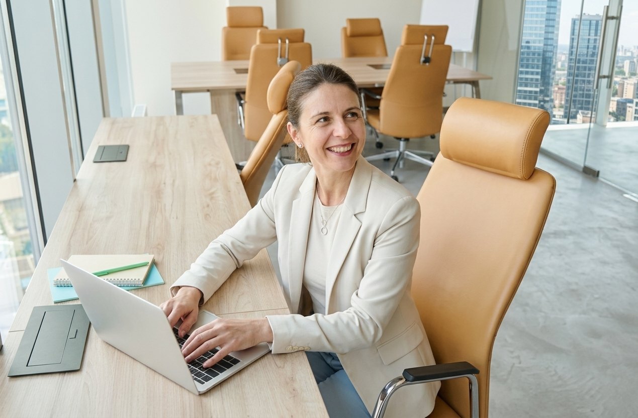 STMG consultant working on a laptop in a meeting room