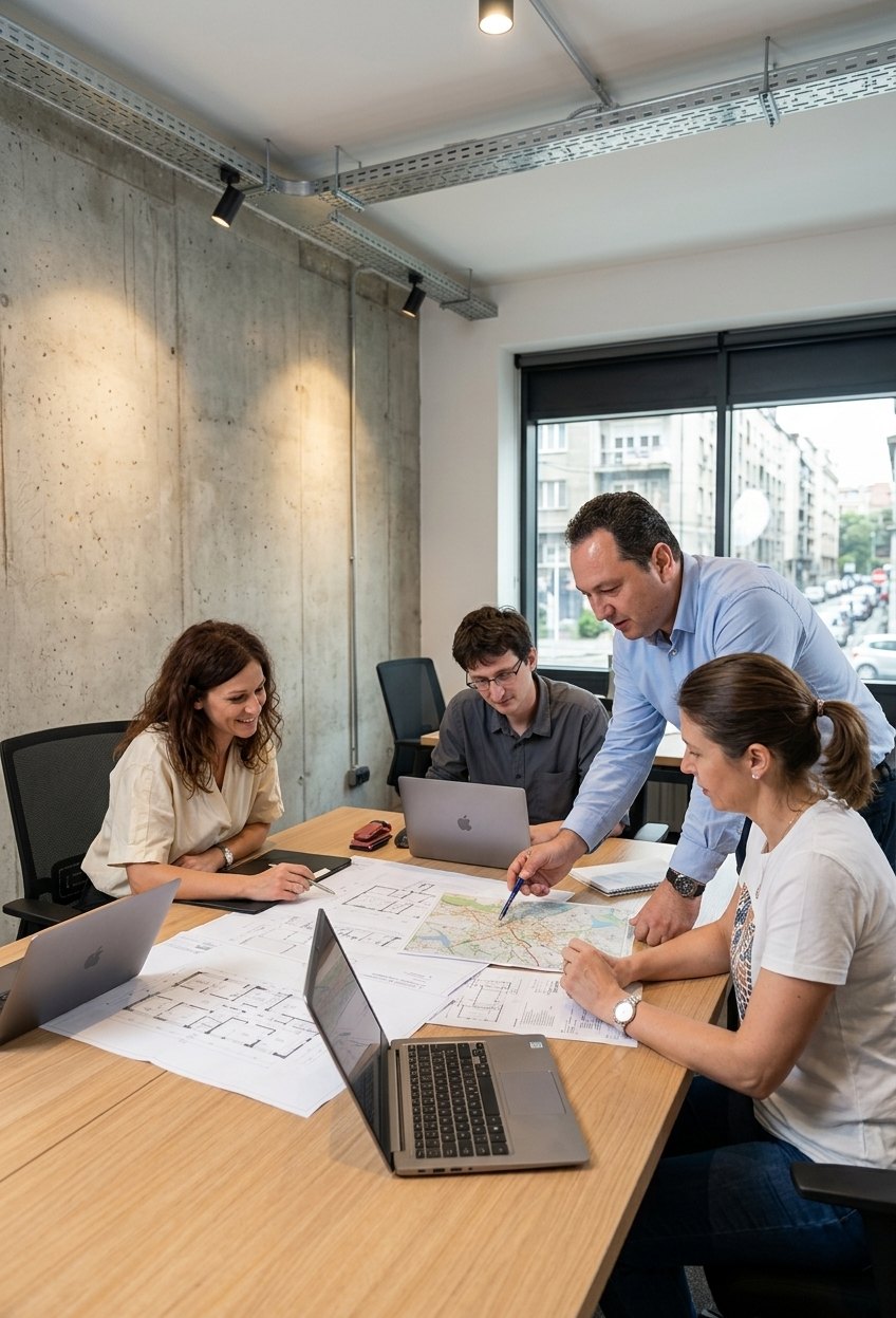 Project team reviewing drawings together at a desk