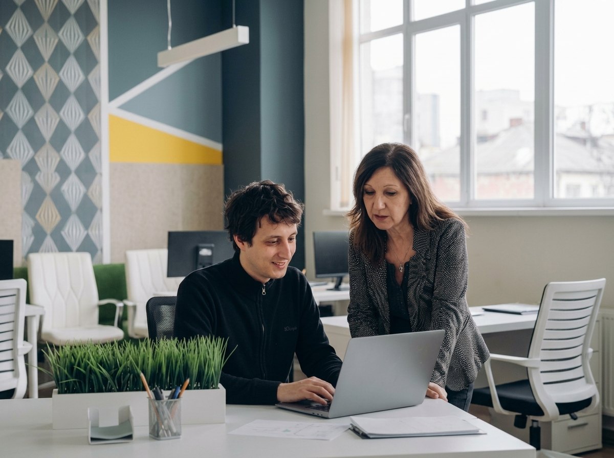 Senior colleague mentoring a consultant at a desk in the Belgrade office